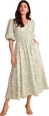 Roaman's Plus Size V Neck Puff Sleeve Smocked Waist Maxi Dress