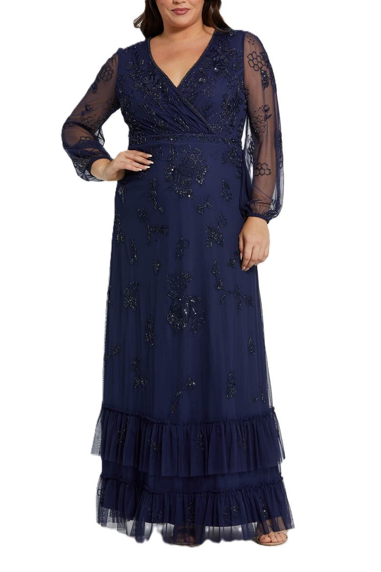 Puff Sleeve V-Neck TIered Embellished Gown, Main, color, Midnight