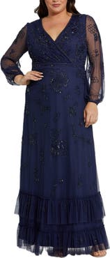 Mac Duggal Puff Sleeve V-Neck TIered Embellished Gown