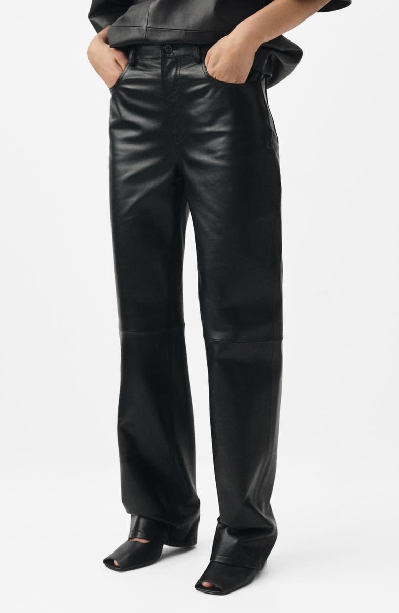 MANGO Selection Leather Straight Leg Pants, Main, color, Black