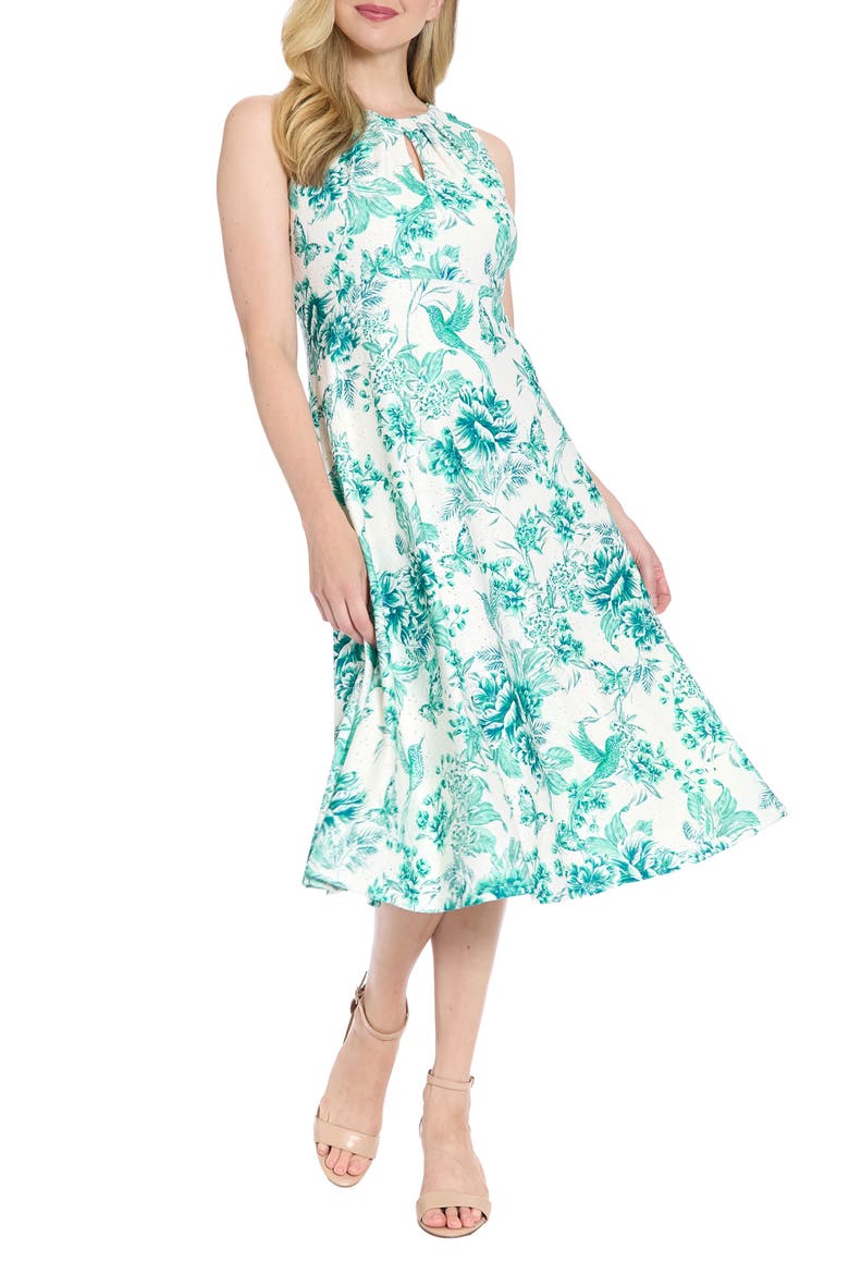 Floral Keyhole Sleeveless A-Line MIdi Dress, Main, color, SOFT WHITE/ TEAL