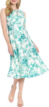 London Times Floral Keyhole Sleeveless A-Line MIdi Dress