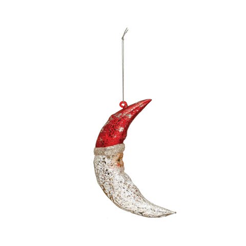 Hand-Painted Mercury Glass Santa Moon Ornament with Glitter