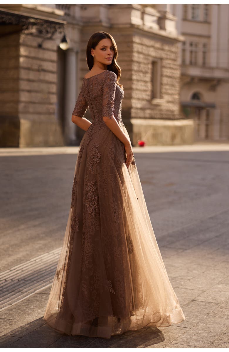 Lace and Tulle A-line Gown with Three Quarter Sleeves