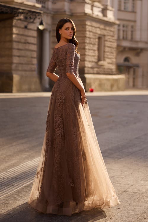 La Femme Lace And Tulle A-line Gown With Three Quarter Sleeves In Cocoa