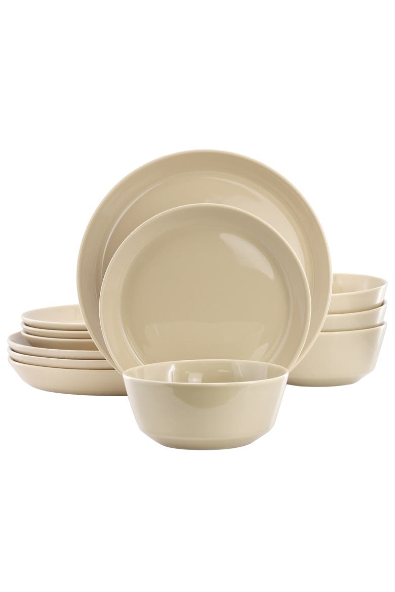 12 Piece Round Stoneware Dinnerware Set, Main, color, White