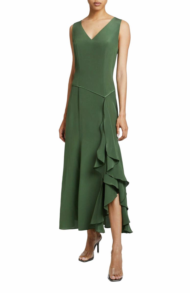 Santorelli EMERSON Silk V-Neck Midi Dress with Side Ruffle, Main, color, 