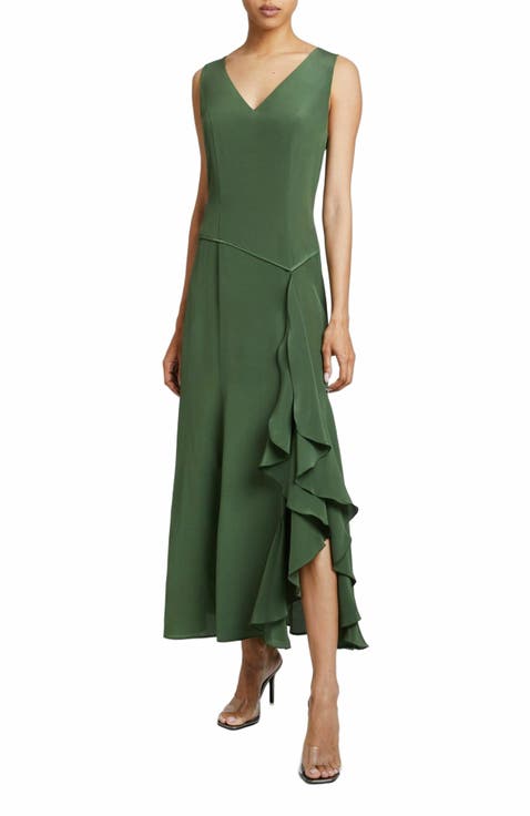 EMERSON Silk V-Neck Midi Dress with Side Ruffle