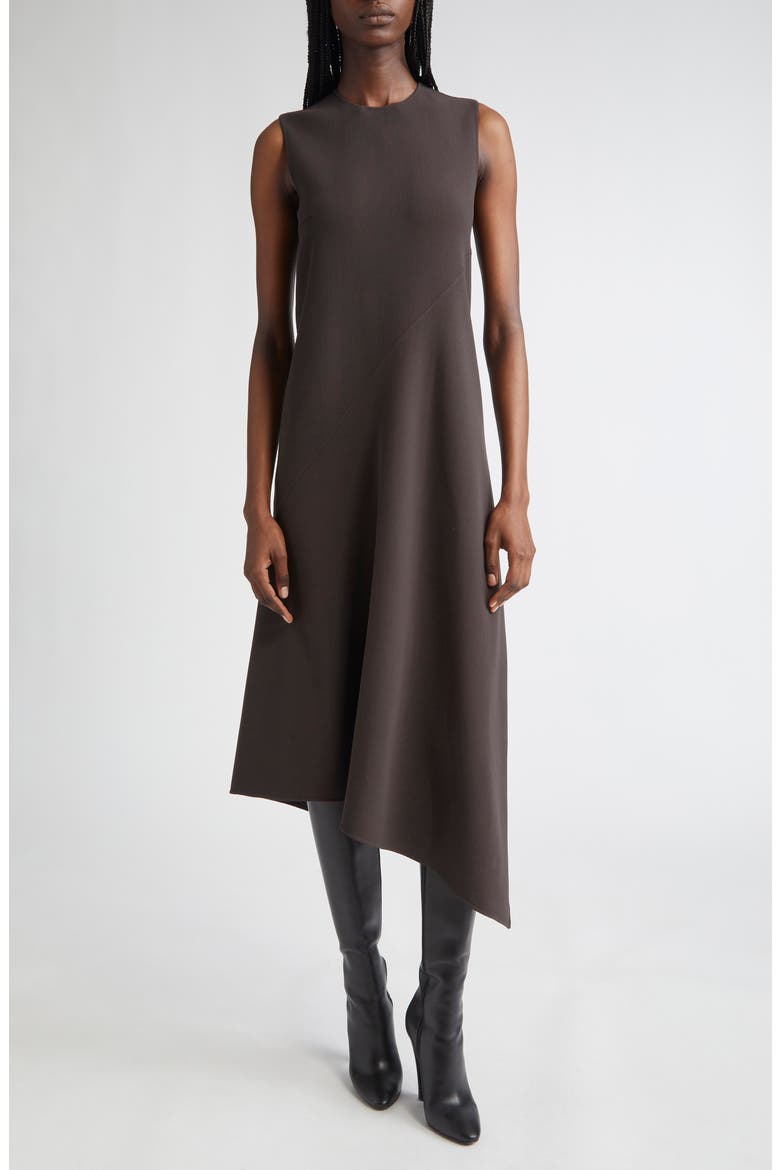 Asymmetric Sleeveless Wool Stretch Crepe Shift Dress, Main, color, CHOCOLATE