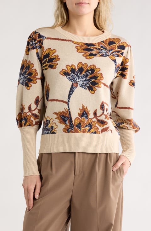 Puff Sleeve Floral Jacquard Sweater