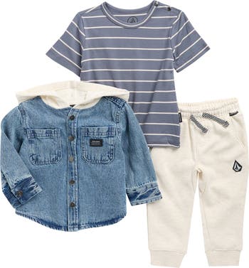 T-Shirt, Denim Hooded Shacket & Joggers Set