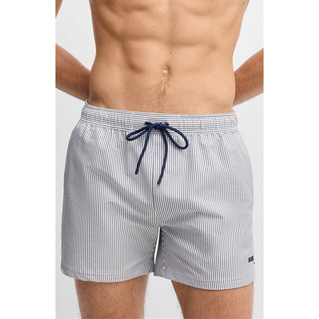 Hugo Boss Swim Shorts In Striped Seersucker Fabric In Blue
