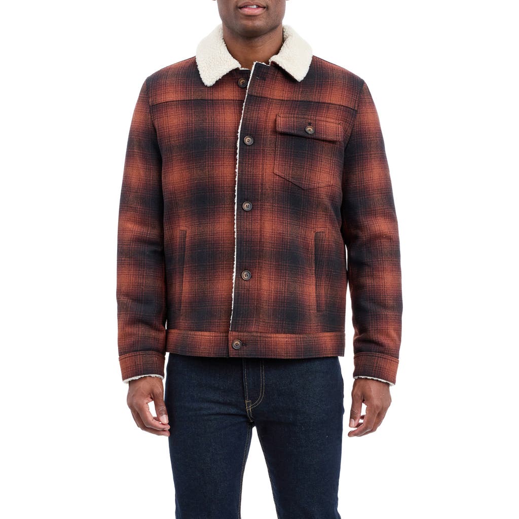 Lucky Brand Plaid Faux Shearling Lined Trucker Jacket In Brown