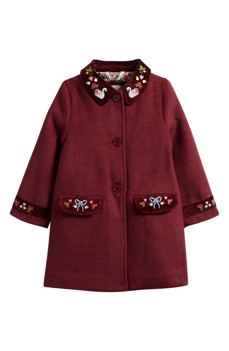 Mini Boden Kids' Embroidered Wool Blend Coat, Main, color, Chestnut Swan Embroidery