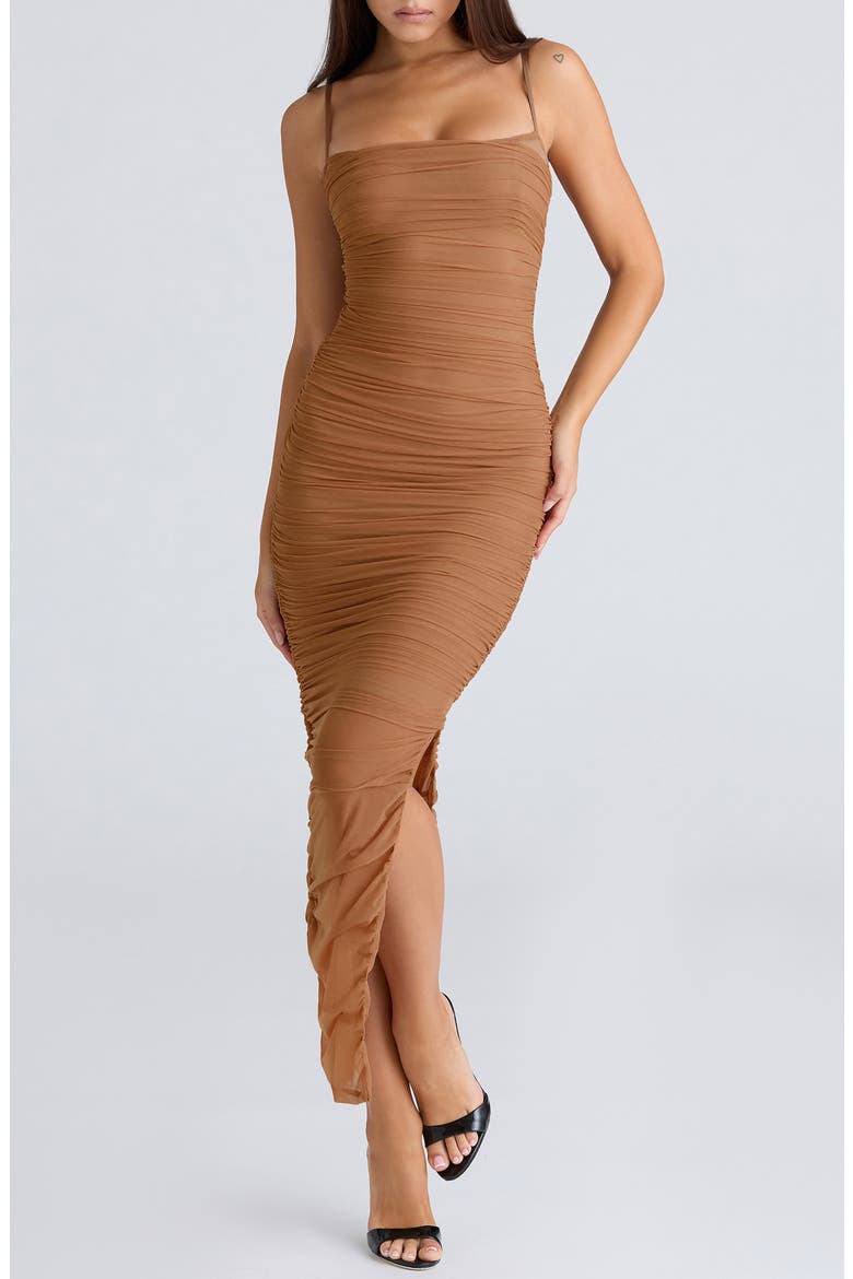 Fornarina Ruched Mesh Maxi Dress, Main, color, TAN