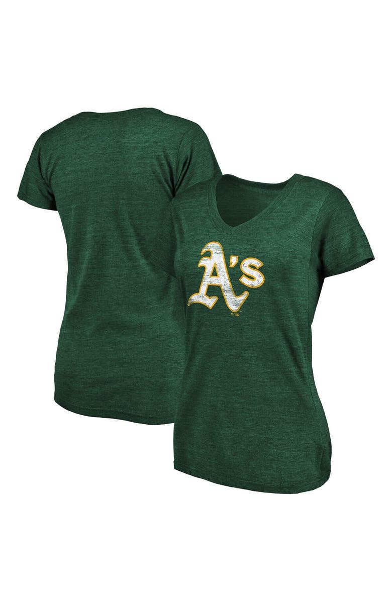 FANATICS Women's Fanatics Branded Heathered Green Oakland Athletics Core Weathered Tri-Blend V-Neck T-Shirt, Main, color, 
