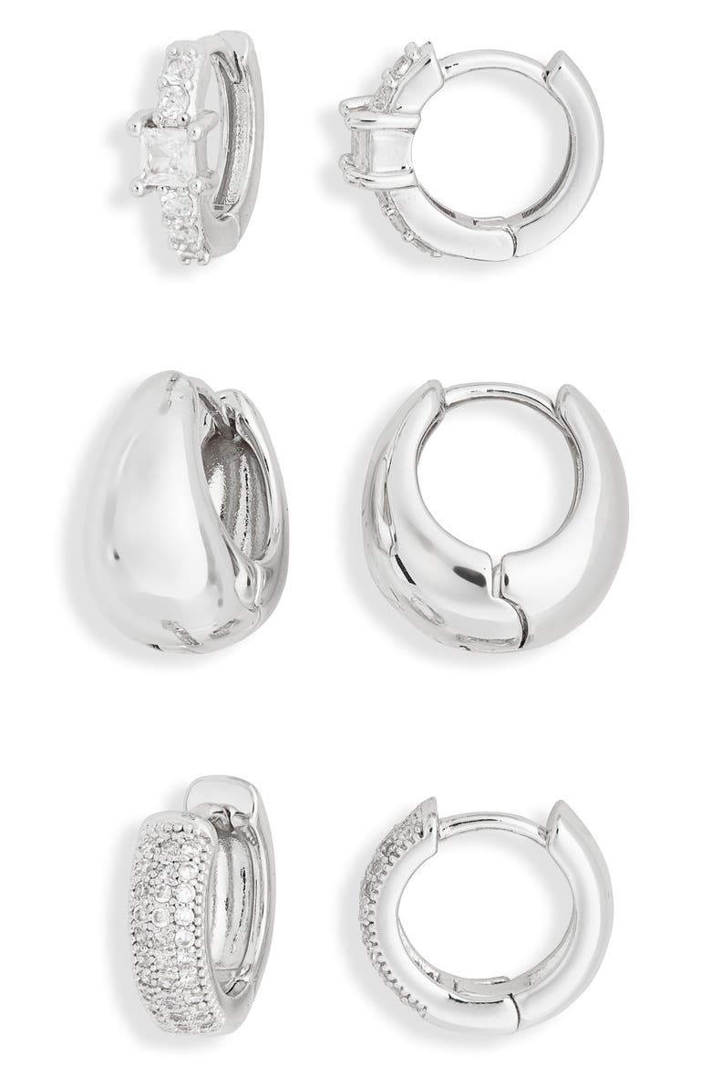 3-Pack Assorted Wide Huggie Hoop Earrings, Alternate, color, CLEAR- SILVER