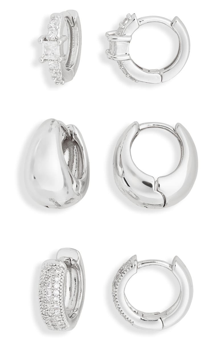 Leith 3-Pack Assorted Wide Huggie Hoop Earrings, Alternate, color, Clear- Silver