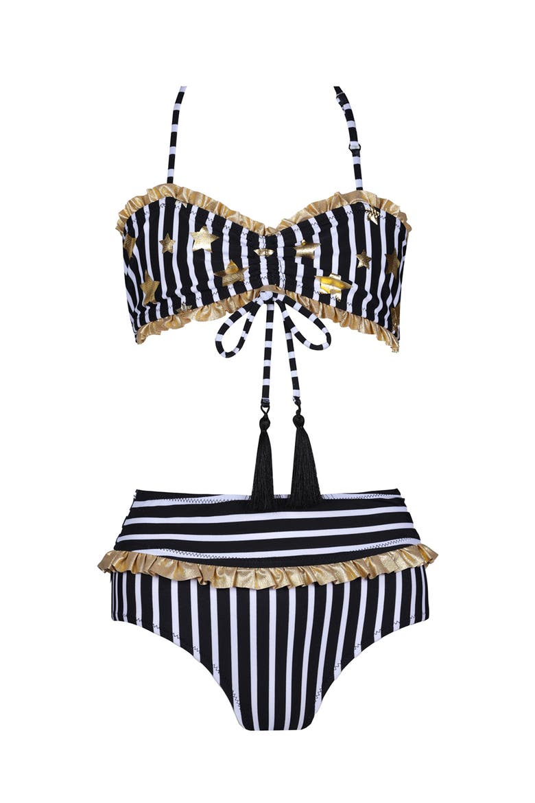 Kids' Gold Star Print Stripe Two Piece Bikini, Main, color, Black