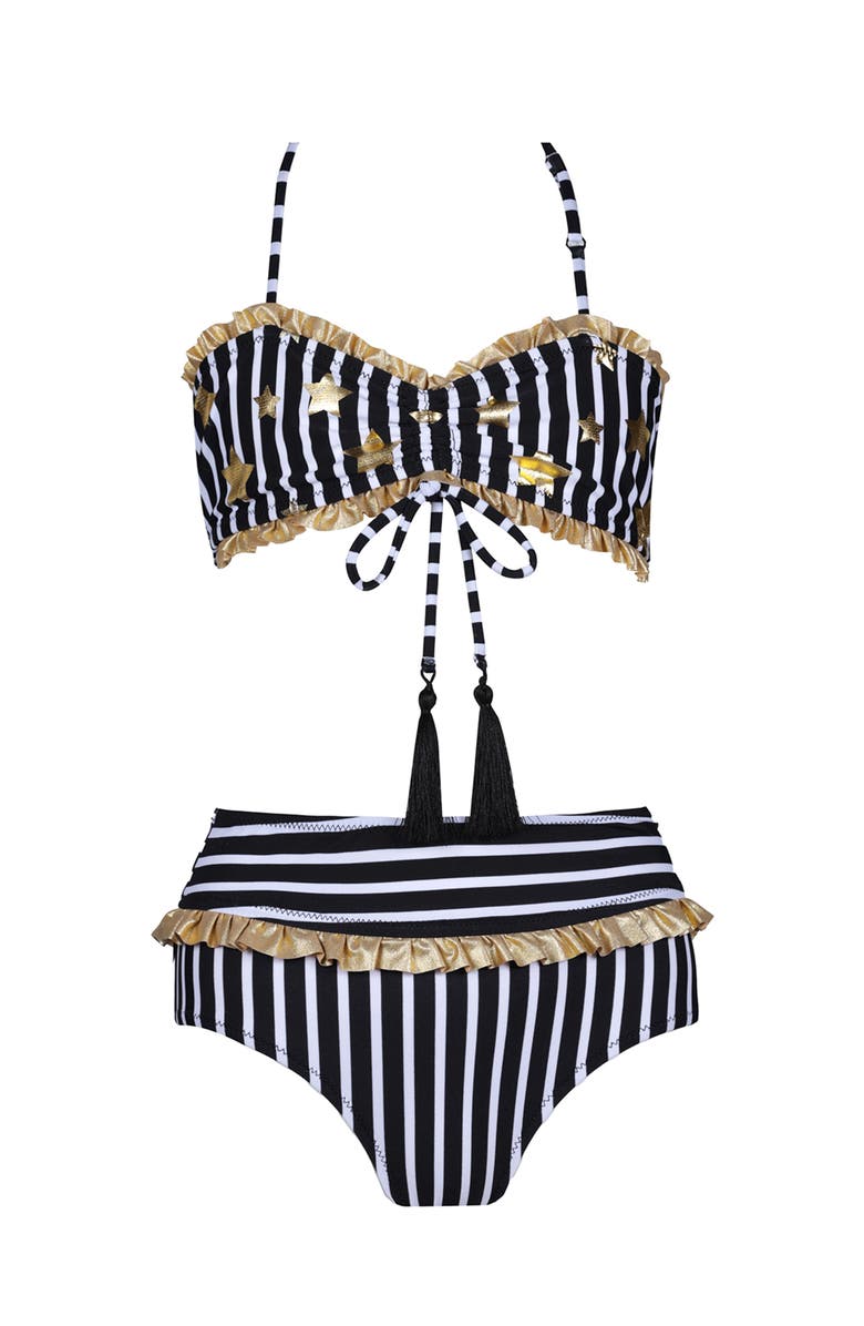 NESSI BYRD Kids' Gold Star Print Stripe Two Piece Bikini, Main, color, Black
