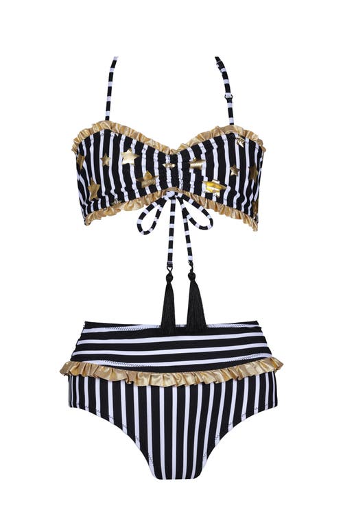 Nessi Byrd Kids' Gold Star Print Stripe Two Piece Bikini In Black