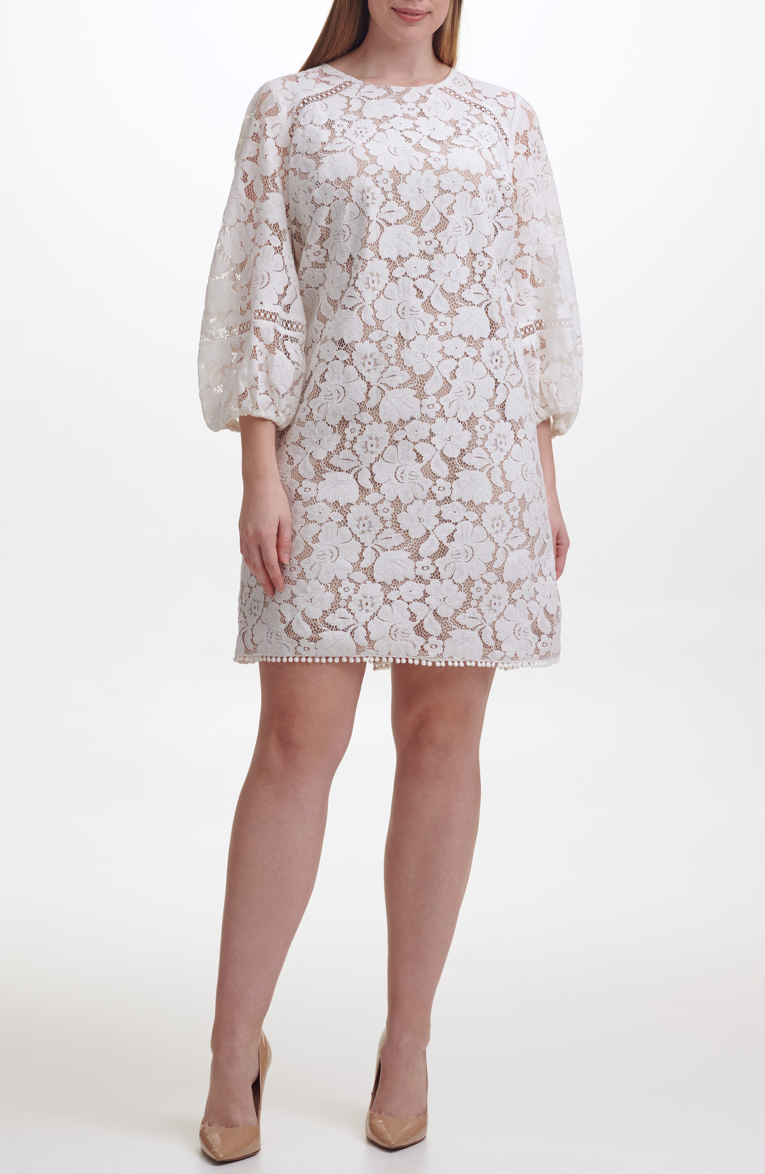 white floral lace shift dress Ivory Floral Embroidered Shift Dress - Mini Dresses