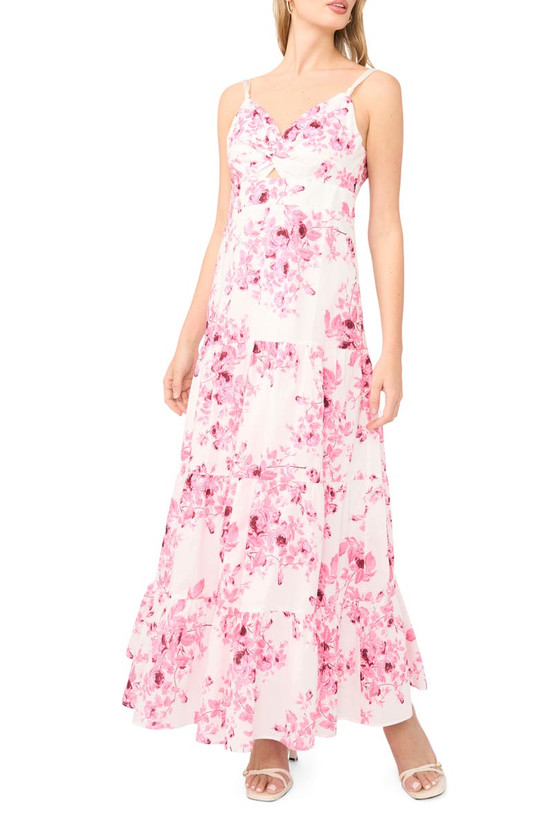 1.STATE Floral Twist Front Tiered Maxi Dress, Main, color, Orchid Smoke