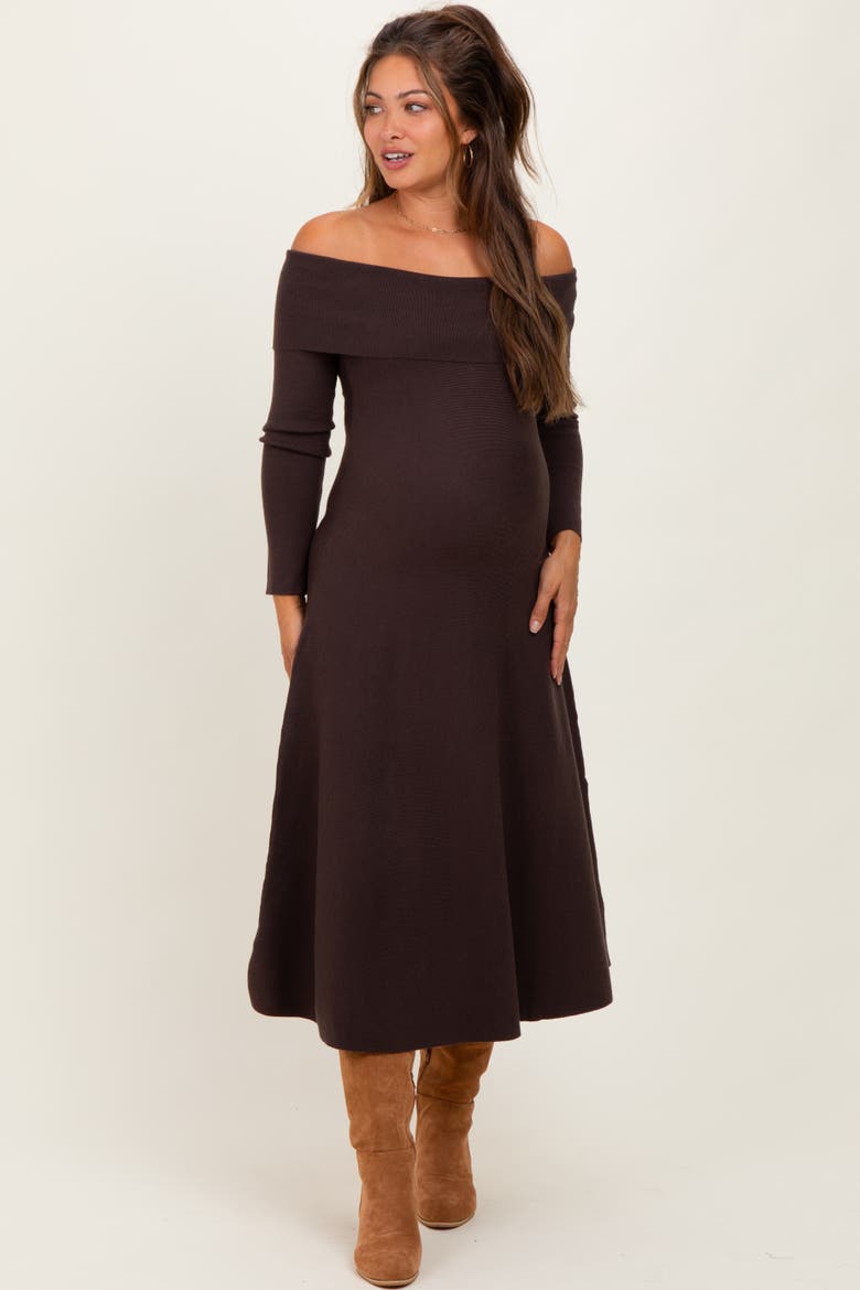 Off Shoulder Sweater Midi Dress, Main, color, Brown