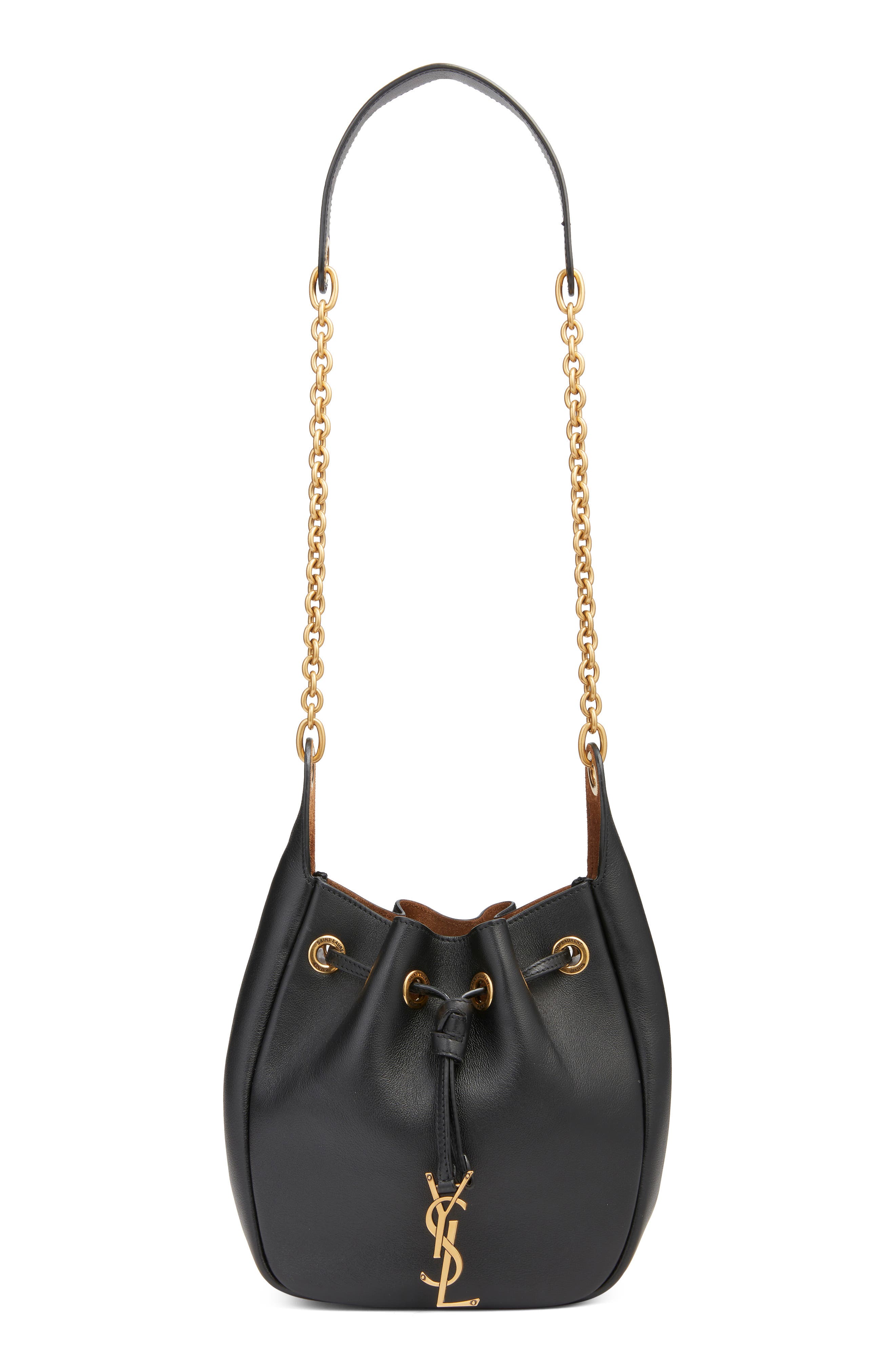 Saint Laurent Paris VII Leather Bucket Bag, Main, color, Noir/ Caramel Cognac
