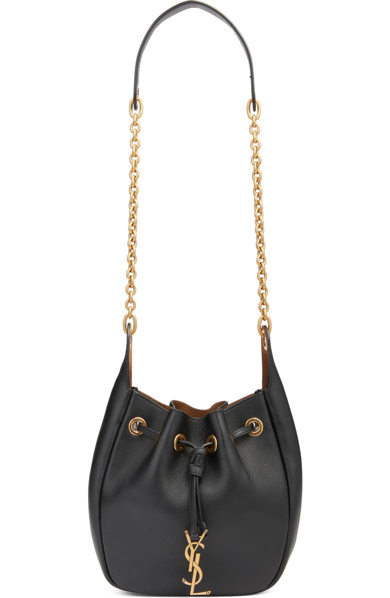Saint Laurent Paris VII Leather Bucket Bag, Main, color, Noir/ Caramel Cognac