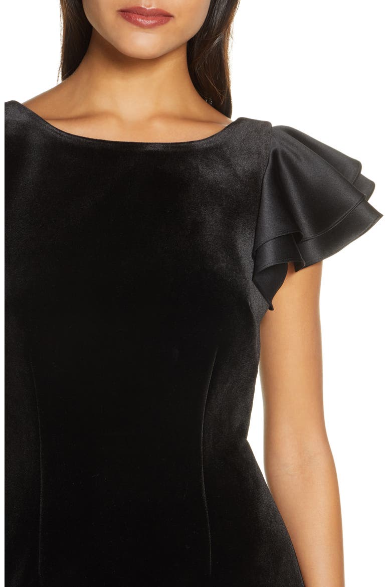 Satin Sleeve Velvet Trumpet Gown, Alternate, color, BLACK