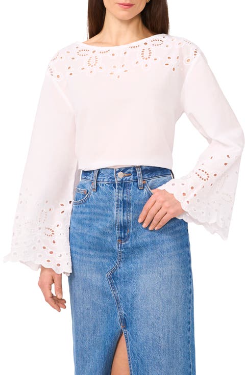 Embroidered Eyelet Bell Sleeve Cotton Top