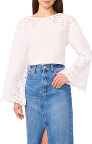 1.STATE Embroidered Eyelet Bell Sleeve Cotton Top