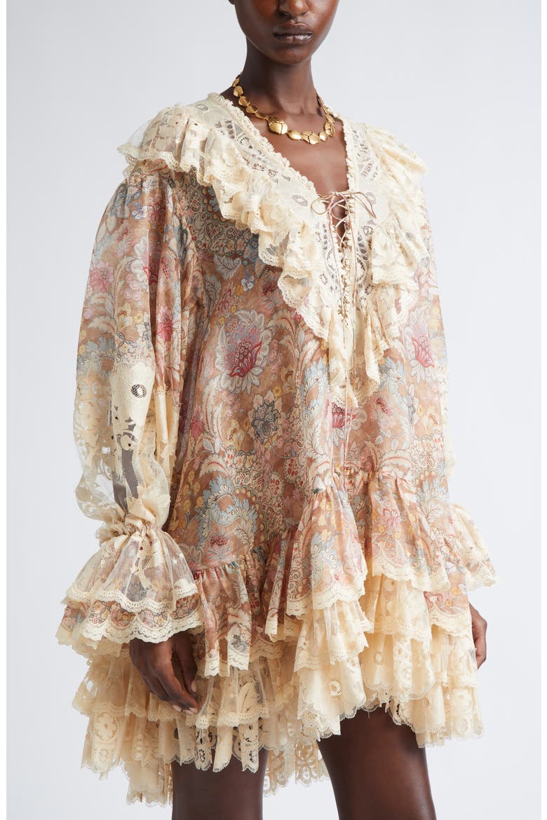 Rebellion Linen & Silk Lace-Up Minidress, Alternate, color, TAN FLORAL