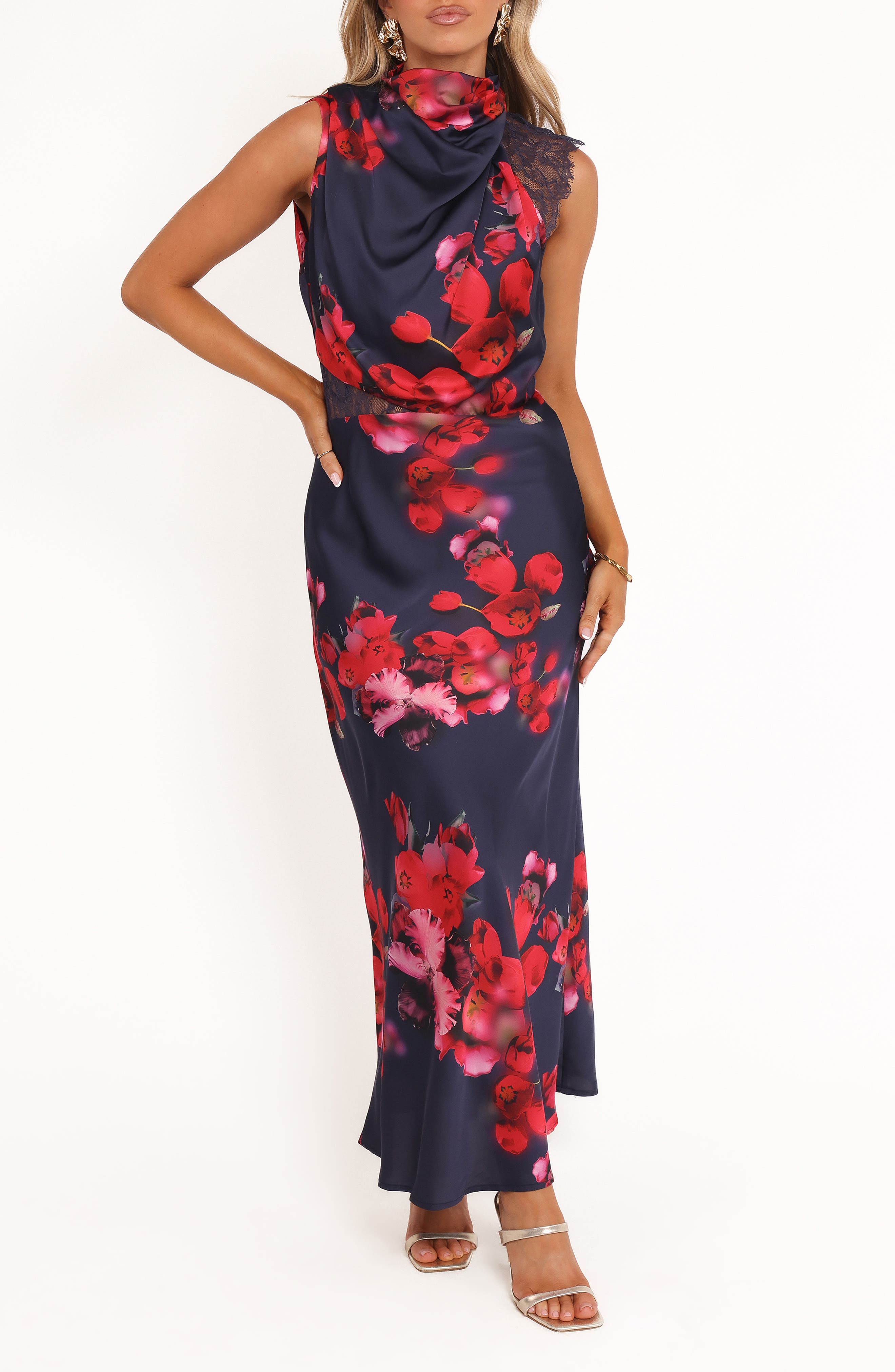 anabelle floral mock neck satin cocktail dress Anabelle Floral Mock Neck Satin Cocktail Dress (Women)