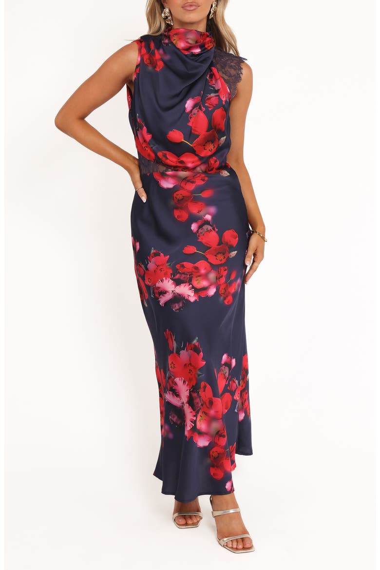 Annabelle Floral Cowl Neck Satin Maxi Dress, Main, color, NAVY FLORAL