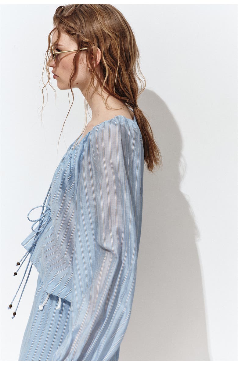 H&M Linen-blend Tie-front Blouse, Alternate, color, Light Blue/Striped