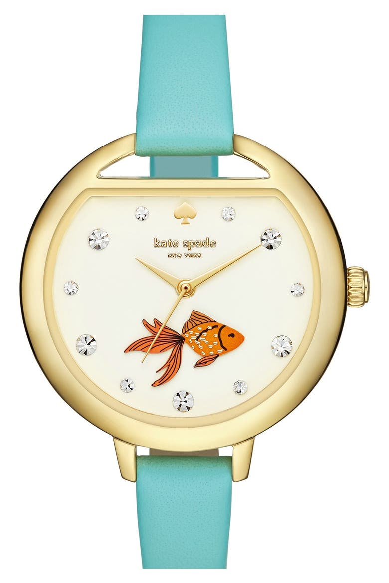 'metro - fishbowl' leather strap watch, 34mm, Main, color, FROSTED MINT/ FISH