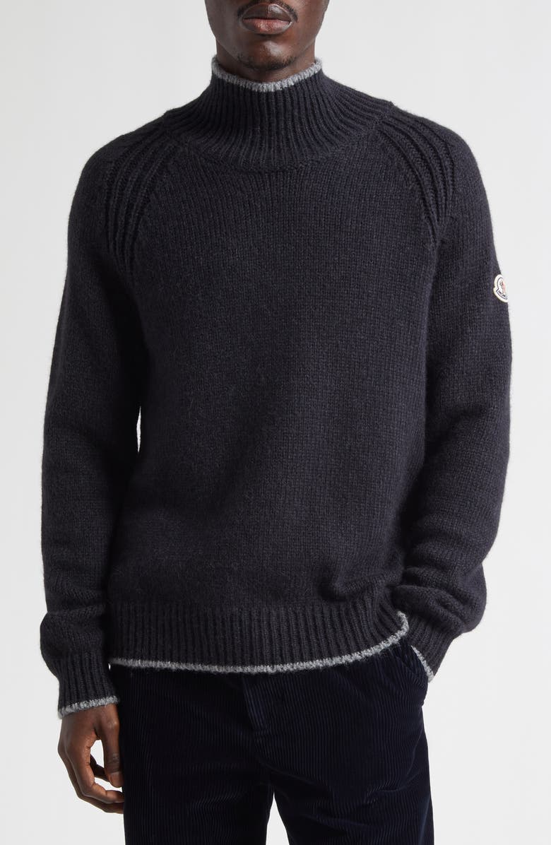 Moncler Tipped Alpaca & Wool Blend Mock Neck Sweater, Main, color, Black