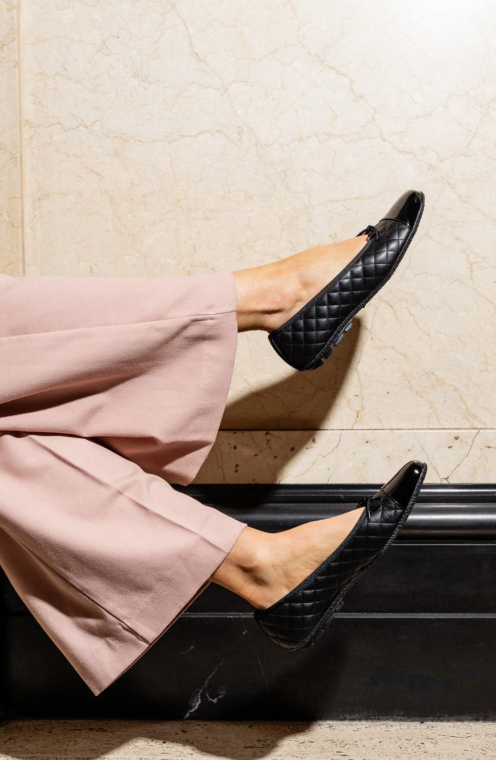 PAUL MAYER Cozy Quilted Cap Toe Ballet Flat, Alternate, color, Black Pat/ Black Leather