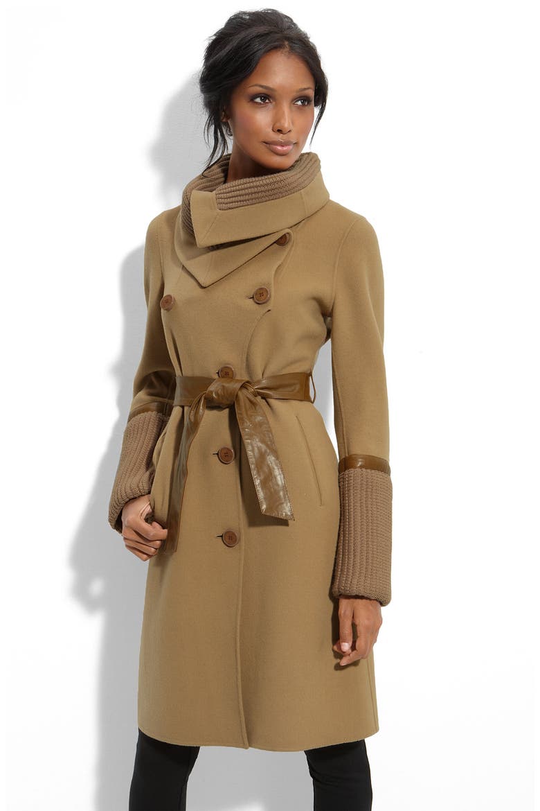 Leather & Crochet Trim Wool Coat, Main, color, CAMEL
