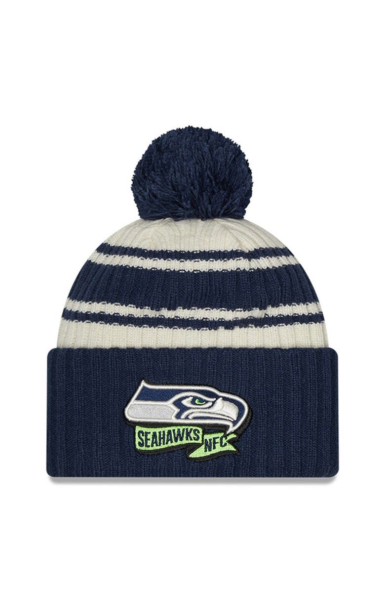 New Era Men's New Era Cream/College Navy Seattle Seahawks 2022 Sideline Sport Cuffed Pom Knit Hat, Main, color, Cream