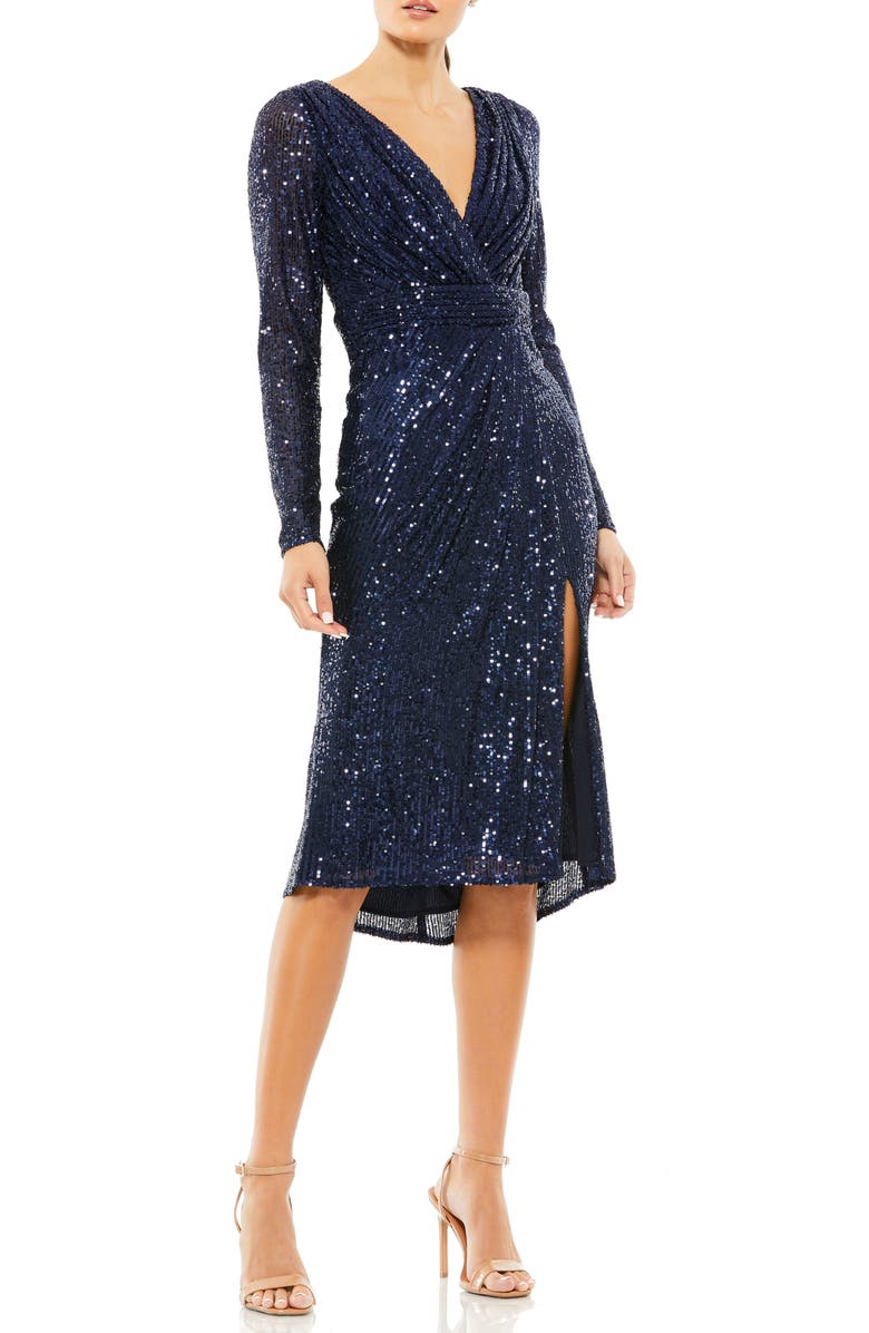 Mac Duggal Sequined Long Sleeve Midi Dress, Main, color, Midnight