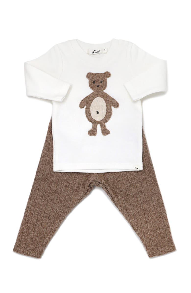 oh baby! Ragdoll Bear Long Sleeve Cream Tee Mixed Two Piece Set, Main, color, Mushroom Heather