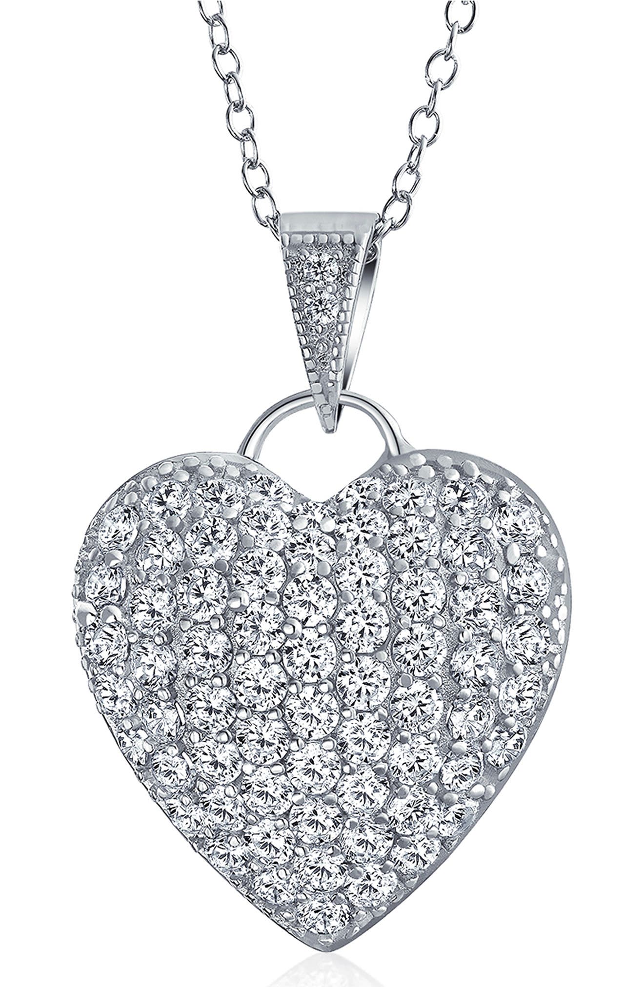 BLING JEWELRY Rhodium Plated Sterling Silver Pavé CZ Heart Pendant Necklace