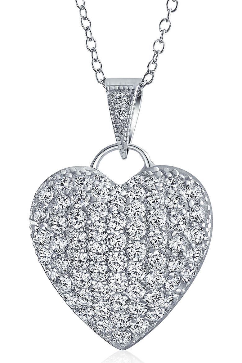 Rhodium Plated Sterling Silver Pavé CZ Heart Pendant Necklace, Main, color, CLEAR