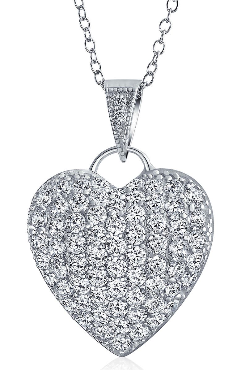 BLING JEWELRY Rhodium Plated Sterling Silver Pavé CZ Heart Pendant Necklace, Main, color, Clear