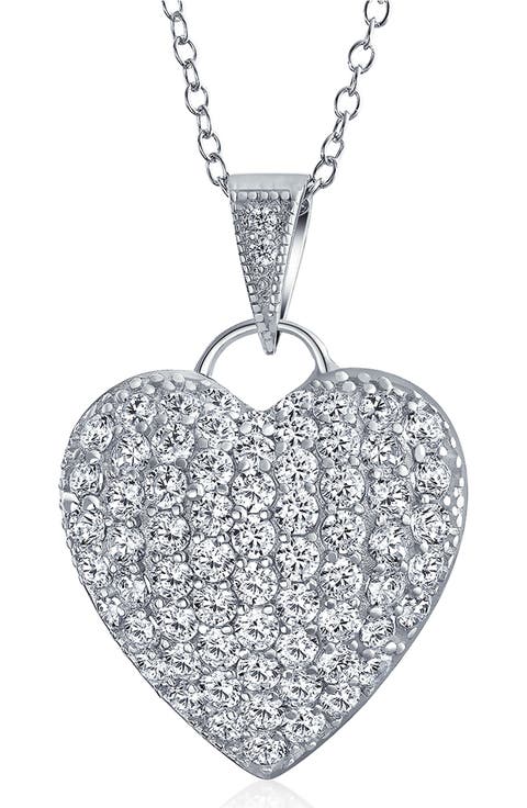Rhodium Plated Sterling Silver Pavé CZ Heart Pendant Necklace