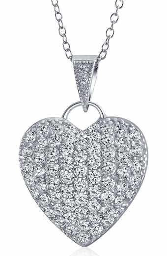 BLING JEWELRY Rhodium Plated Sterling Silver Pavé CZ Heart Pendant Necklace