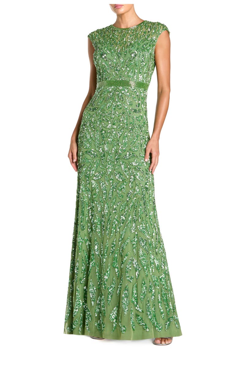 Mac Duggal Embellished Illusion Cap Sleeve Column Gown, Main, color, Sage